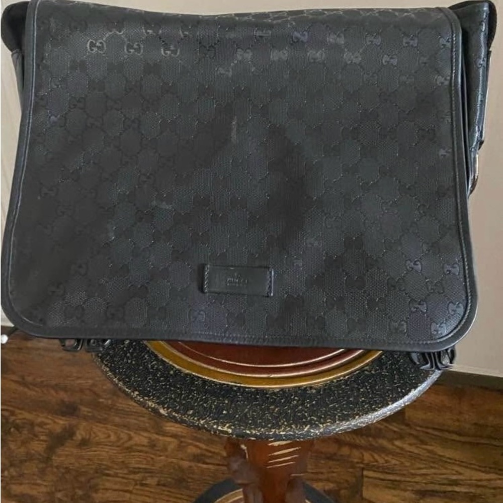 Gucci black leather  Monogram Messenger Bag